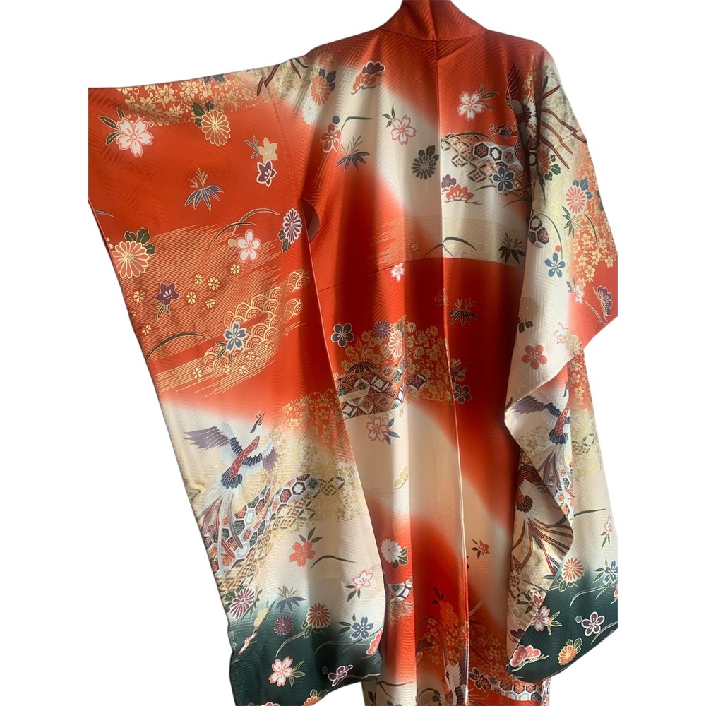 Unbranded Furisode Kimono Women OS Orange Excellent Silk Phoenix Embroidered